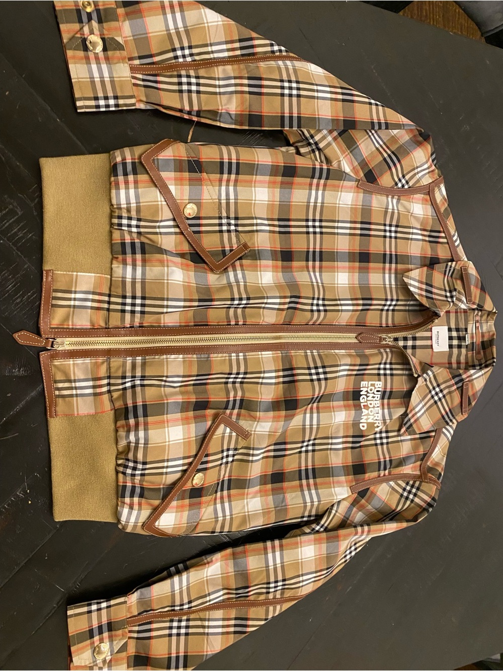Burberry Tan Beige Plaid Bomber Jacket with Brown Trim